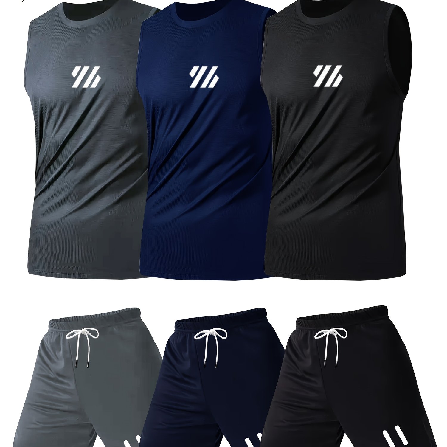 TEMU 3-pack 6-piece Men's Sleeveless Printed Design Casual Sportswear Set, Quick-dry Breathable Men's Crew Neck Tank Tops And Elastic Waist Shorts