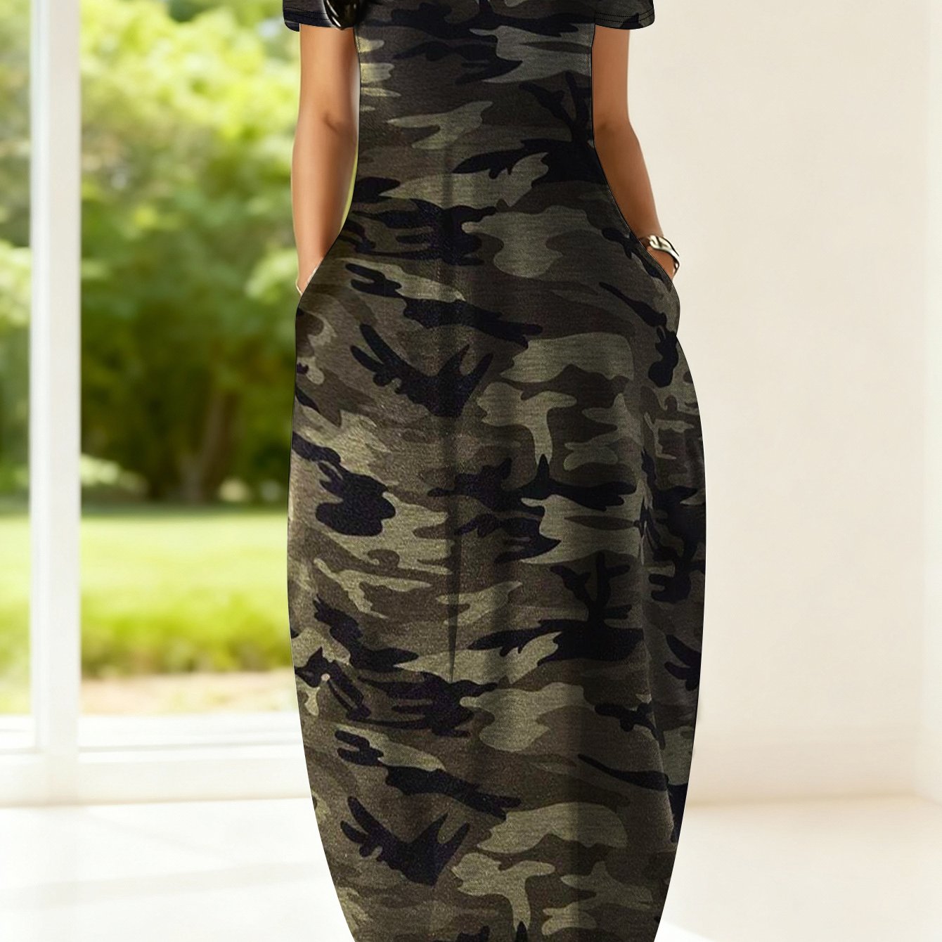 Image of Plus Size - Plus Size - [plus Size]plus Size Women's Short Sleeve Camo Print Maxi Dress, Casual Long Dress With Pockets For Outdoor, Daily & Bohemian Style, Spring And Summer, Women's Dresses With