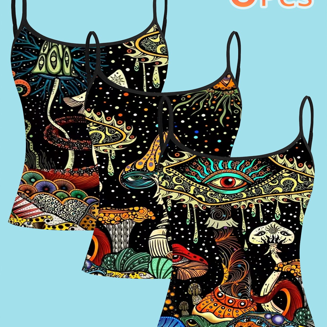 TEMU 3pcs Psychedelic Fantasy Print Camisole Set, Dark Pop Tank Top Set, Trendy Cool Women's Top