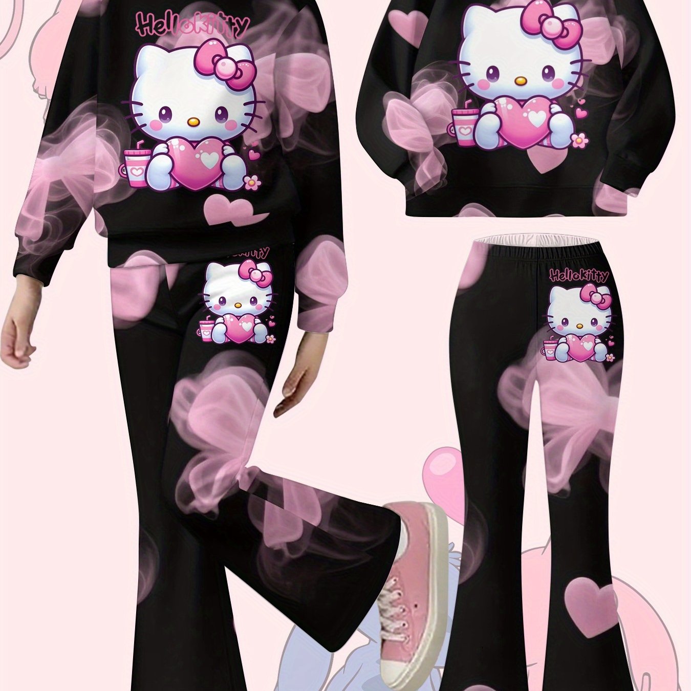 Hello Kitty Girls' Sweatshirt And Pants Set By - A Lightweight And Cozy Round-neck Sweatshirt With Flared Pants, Ideal For Outdoor Fun
