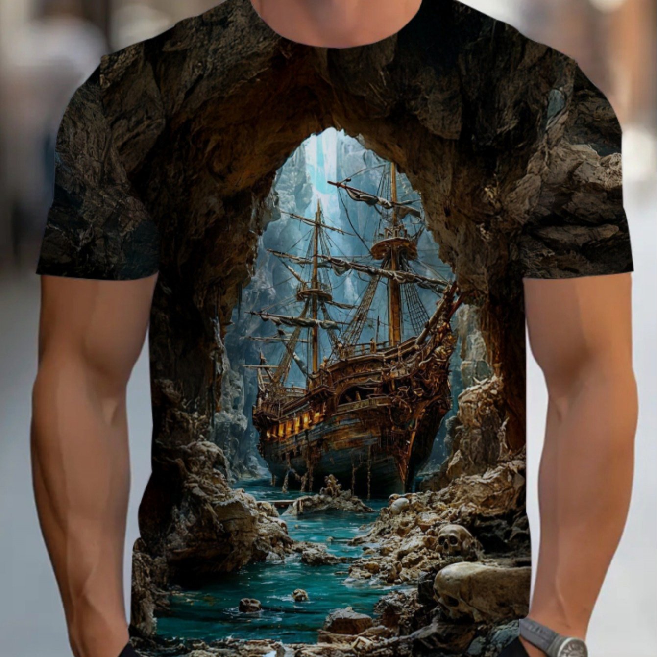 TEMU - Men's Pirate Shipwreck Cave Pattern T-shirt - Dark Adventure Style, Lightweight And Breathable Fabric, Suitable For Daily Wear And Home Decor,