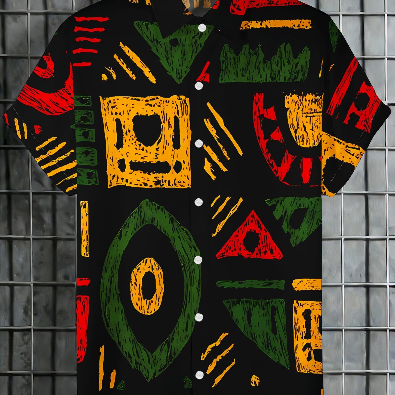 TEMU This Shirt Features A With Red, Yellow, And Green Geometric Prints, Showcasing A