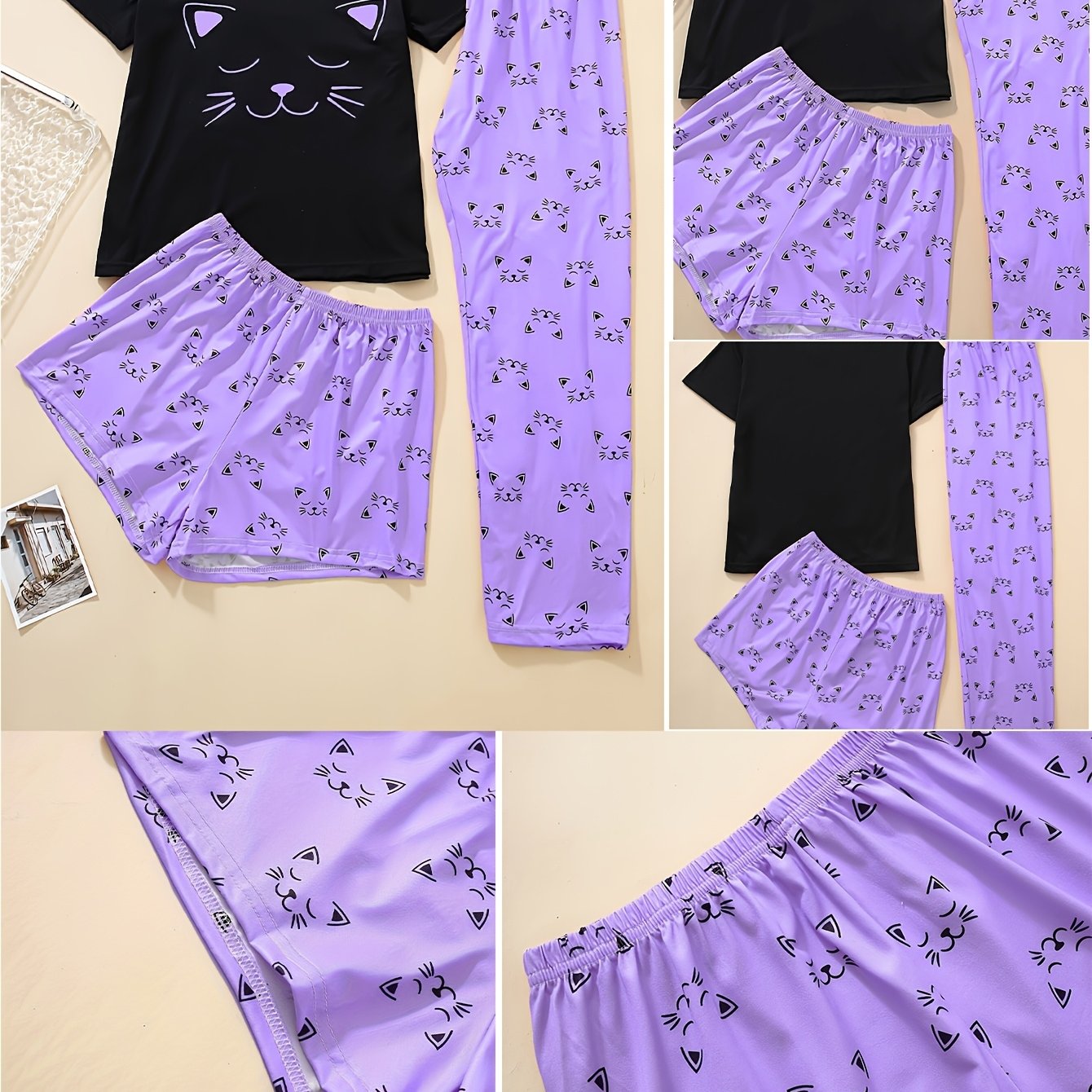 TEMU Lady's Cute Cartoon Shorts And Long Pants Pajama Set - Adult Size, Polyester Material, Geometric Pattern, Knit Fabric