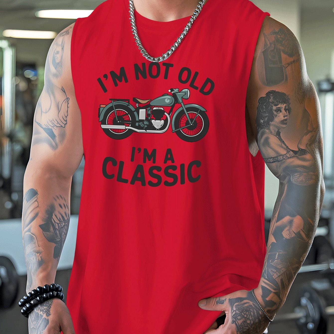 TEMU Men's " Old I'm " Vintage Motorcycle Graphic Sleeveless Shirt - Large Size Loose Vest, Quick-dry Breathable Workout Top For Basketball, Fitness,