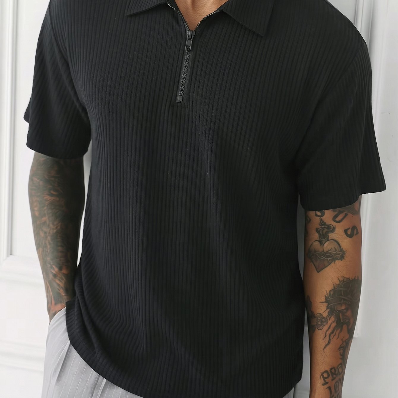 TEMU Solid Color Men's Shirt With Lapel, Textured Fabric, High-end, Simple, Stylish, Casual, Versatile, Zippered, Comfortable, Cool, Suitable For