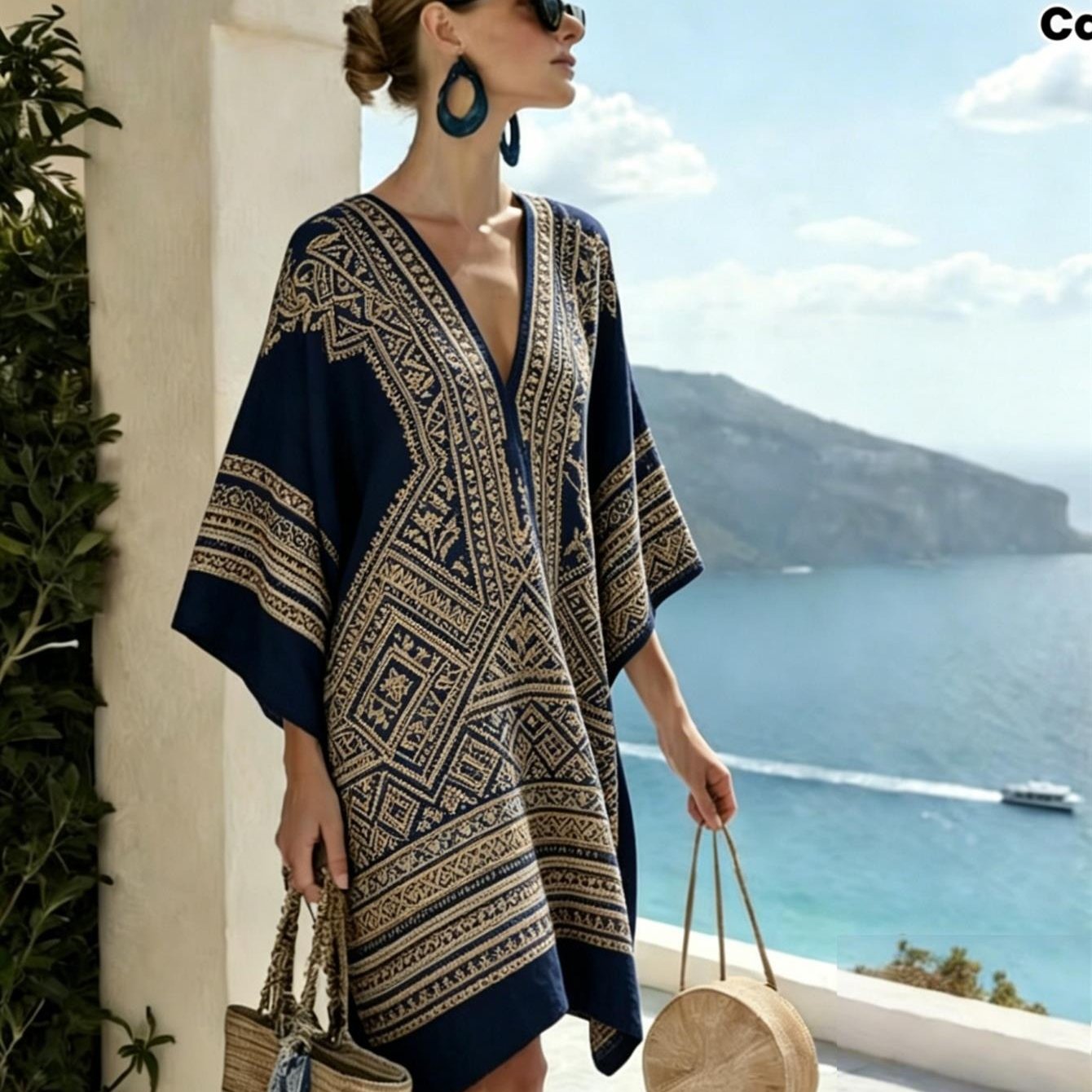 Image of Plus Size Women's Navy Kaftan Dress, Luxe Ethnic Border Tunic For Photos And Vacation Styling