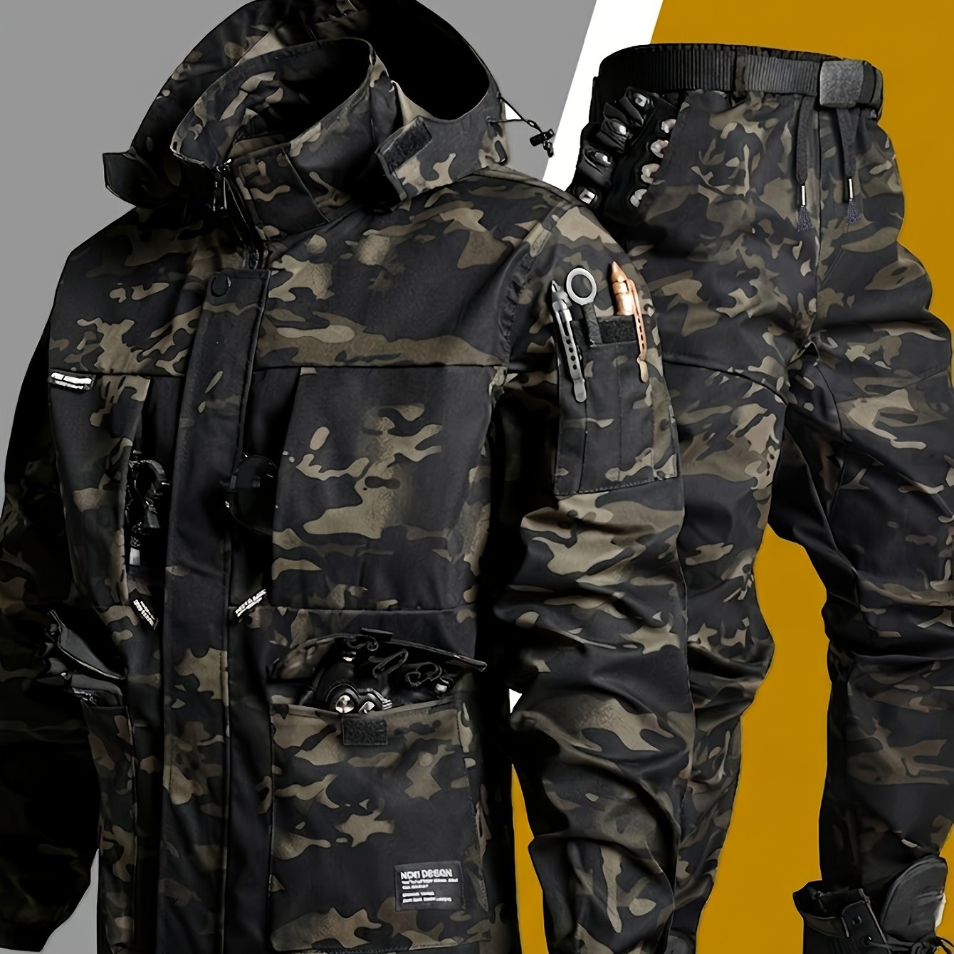 Image of Men's Suit Workwear, Spring And Autumn Thin Jacket, Hooded Multi-, Wear-resistant Jacket, Men's Jacket Set With Long Pants For Outdoor Hiking, No Belt Included