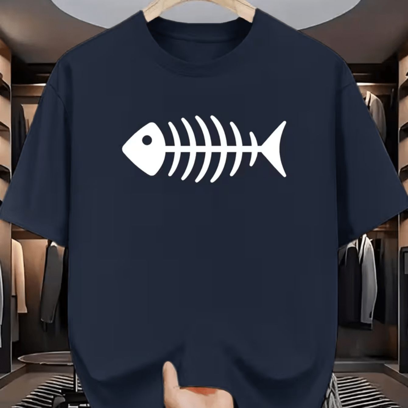 TEMU Summer White Crew Neck T-shirt Fishbone Silhouette   Minimalist Element Combination Print Design Easy
