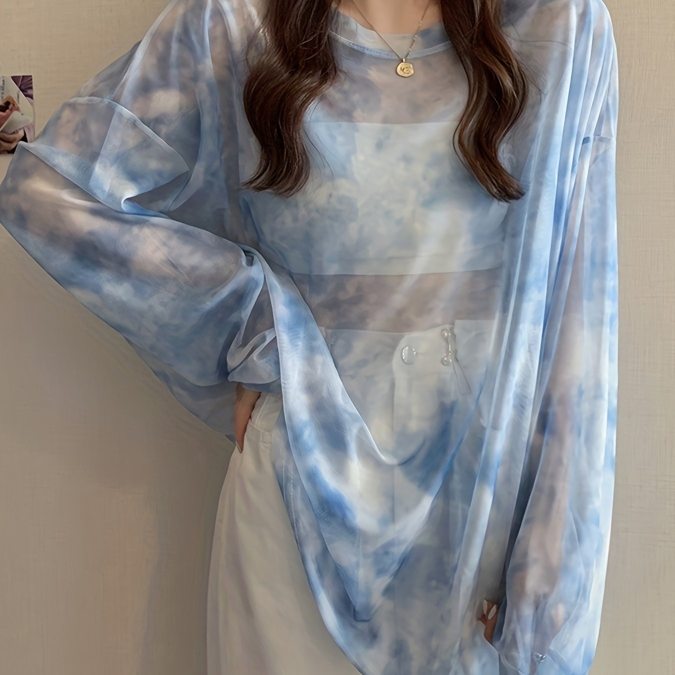 TEMU 蒸れにくい日焼け止め タイダイ メッシュ サンスクリーンシャツ レディース、夏用 ゆったり 長袖トップス、万能デザイン、アウターウェア
