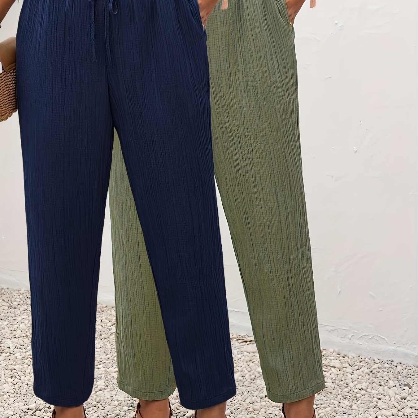 Image of Plus Size - Plus Size - 2pcs Set Of Extended Elegant Fashion, Slanted Pocket, Fake Drawstring Detail, Comfortable Elastic Waist, Daily Versatile, Women's Plus Size Pants