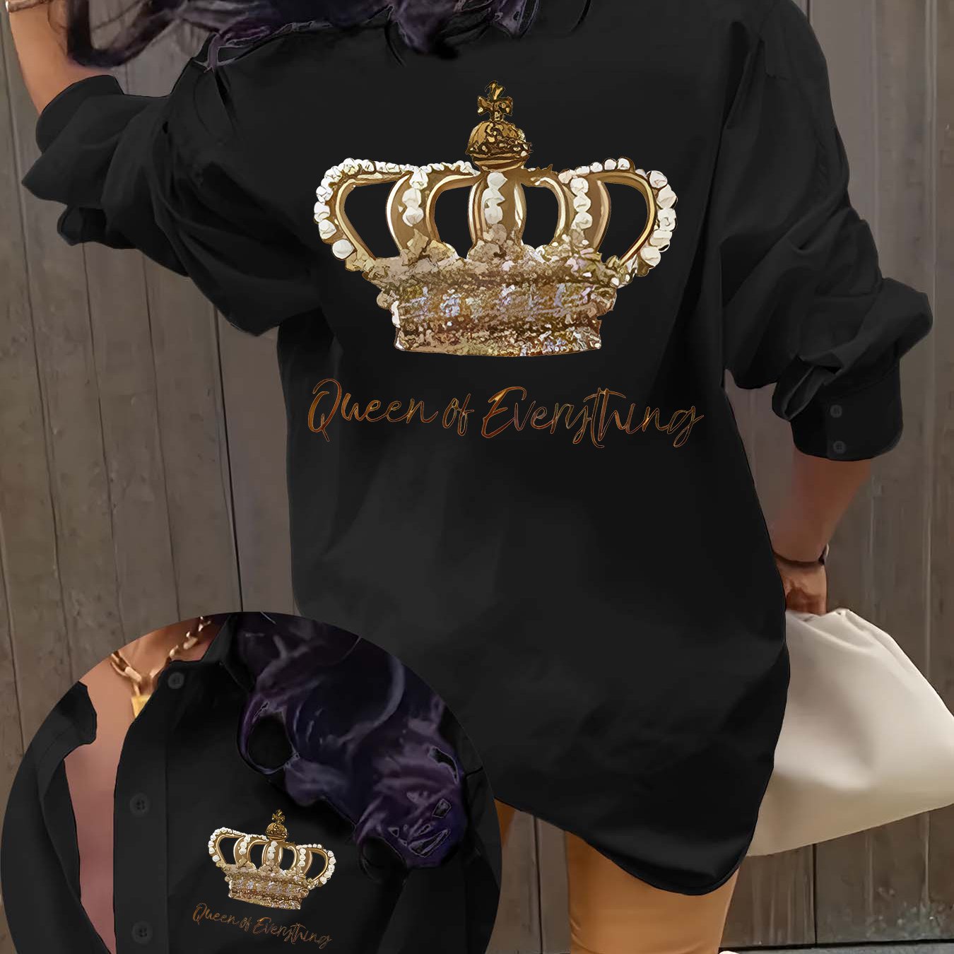 TEMU Women's Elegant Crown & Queen Of Everything Print Long Sleeve Blouse - With Golden Lettering, Background, Round Neck Casual To Party Wear,
