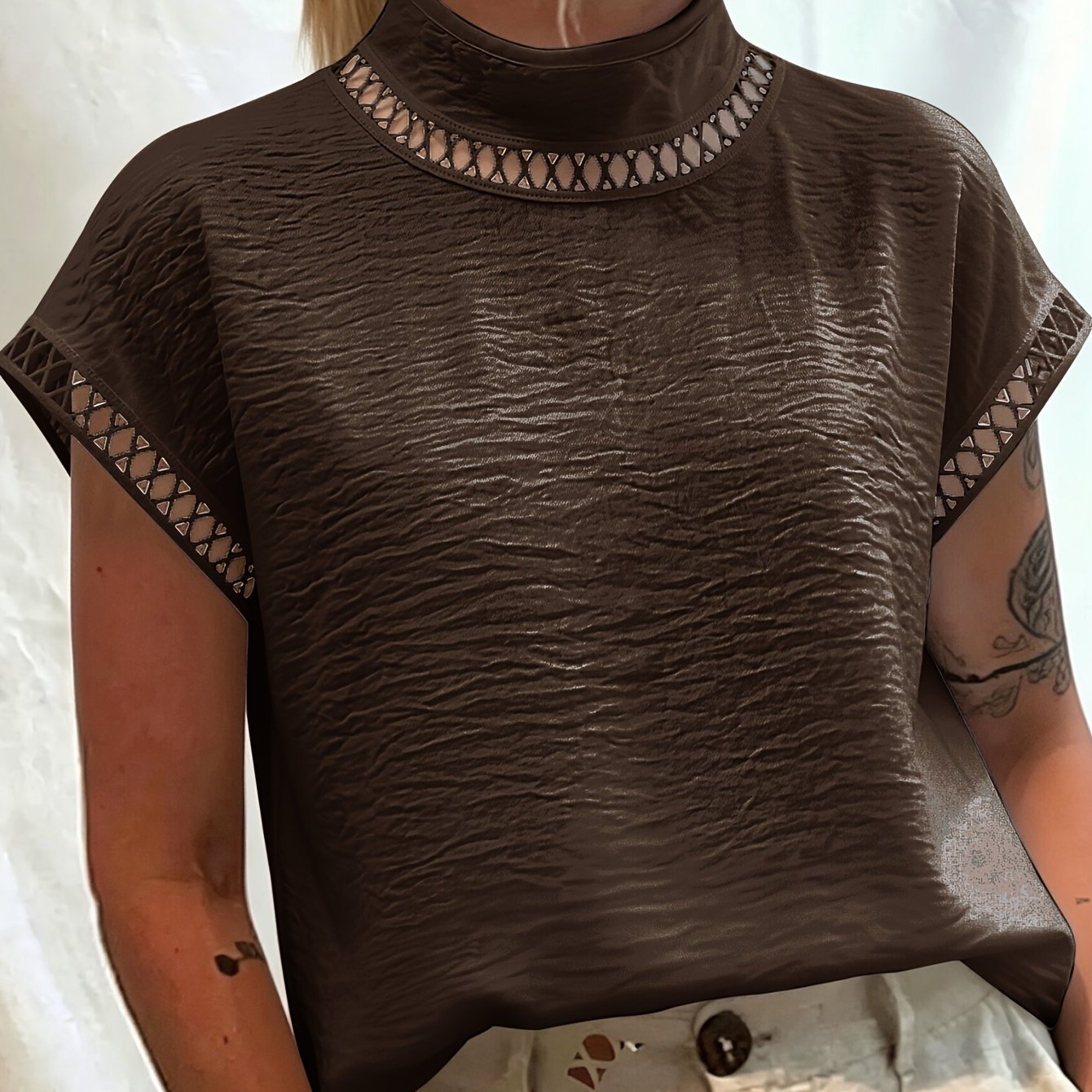 TEMU Women's Retro Exquisite Cutout Decorative Shirt Top, Solid Color Sleeveless Stand Collar Blouse, Breathable Casual Inner And Outer Wear