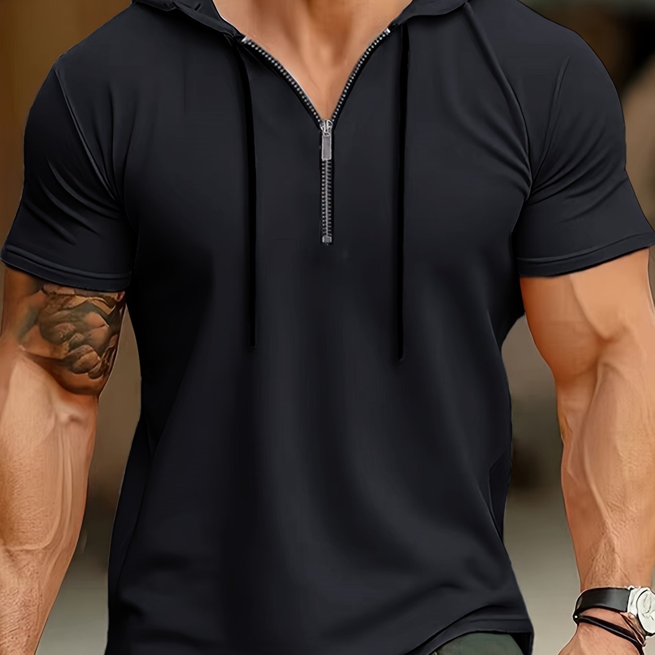 Image of 1 Men's Casual Henley Shirt, Men's Sportswear Fitness Hooded Short-sleeve T-shirt, Summer Hooded Sports Top T-shirt