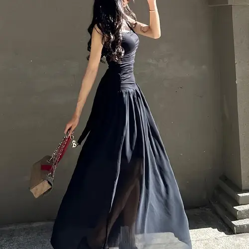 elegant black maxi camisole dress for women square neckline sleeveless flowing mesh hem waist hugging design summer casual wear