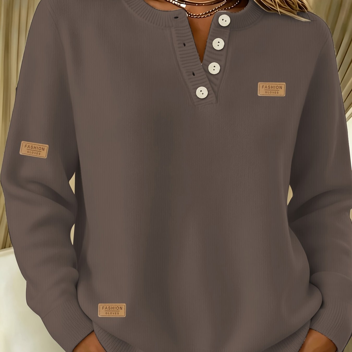 TEMU Nouveau pull tendance pour femme à demi-boutonnage, avec col rond, manches longues et un motif imprimé. Un pull élégant, , attrayant, et