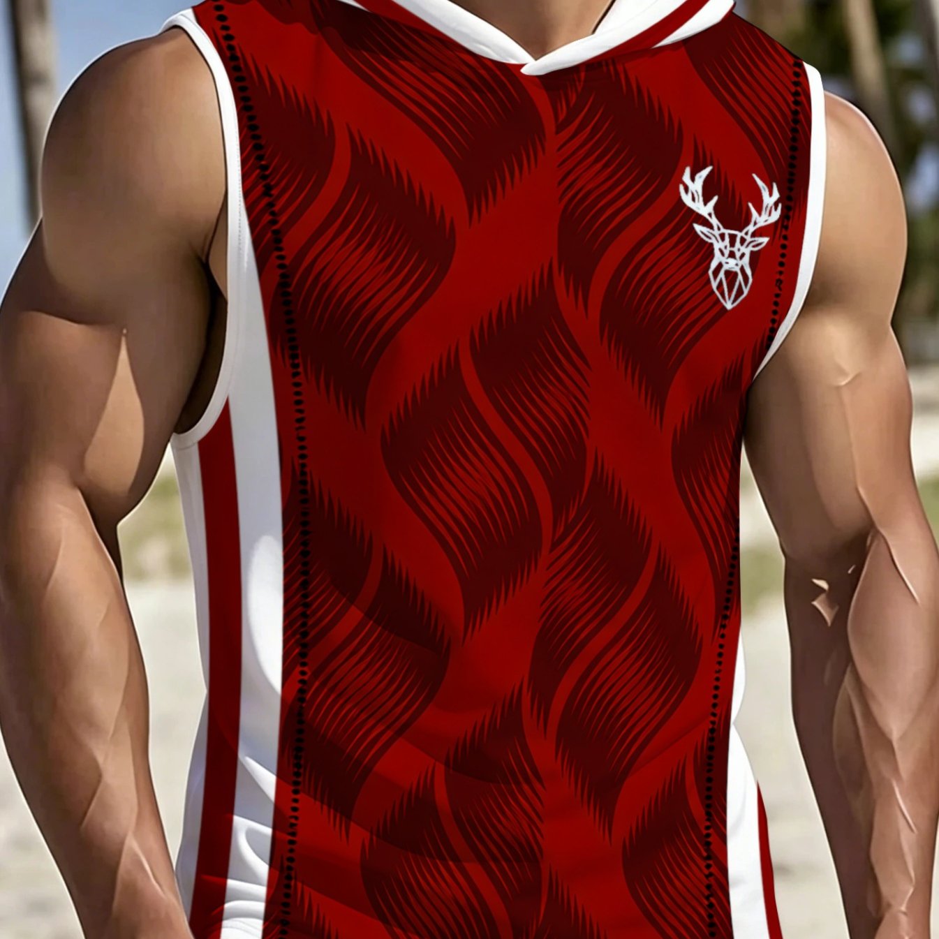 TEMU Fashion Hooded Sleeveless Top Red And Block Abstract Texture Pattern Casual Sports Style Daily Wear Trendy Personality Style