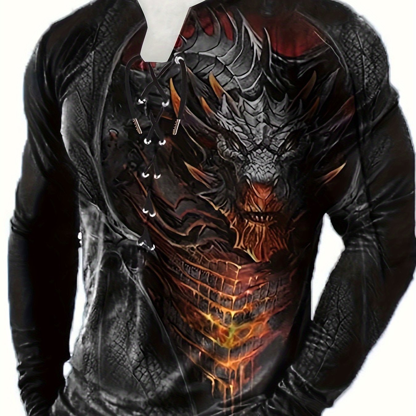 TEMU Camiseta Henley De Manga Larga Con Estampado 3D De Dragón , Ropa Retro Para Hombre Para Primavera Y Otoño