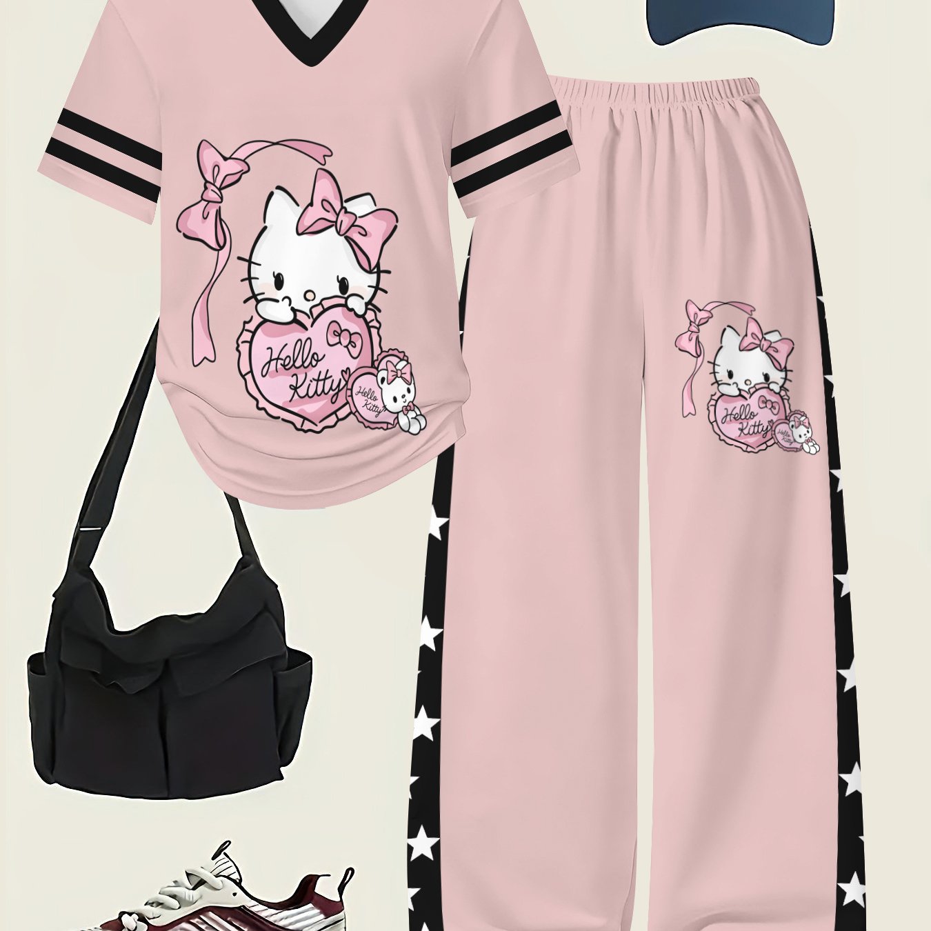 Image of Y2k Girl Fashion Set- Girl Fashion Pants Cute Print T-shirt And Pants 2pcs Set