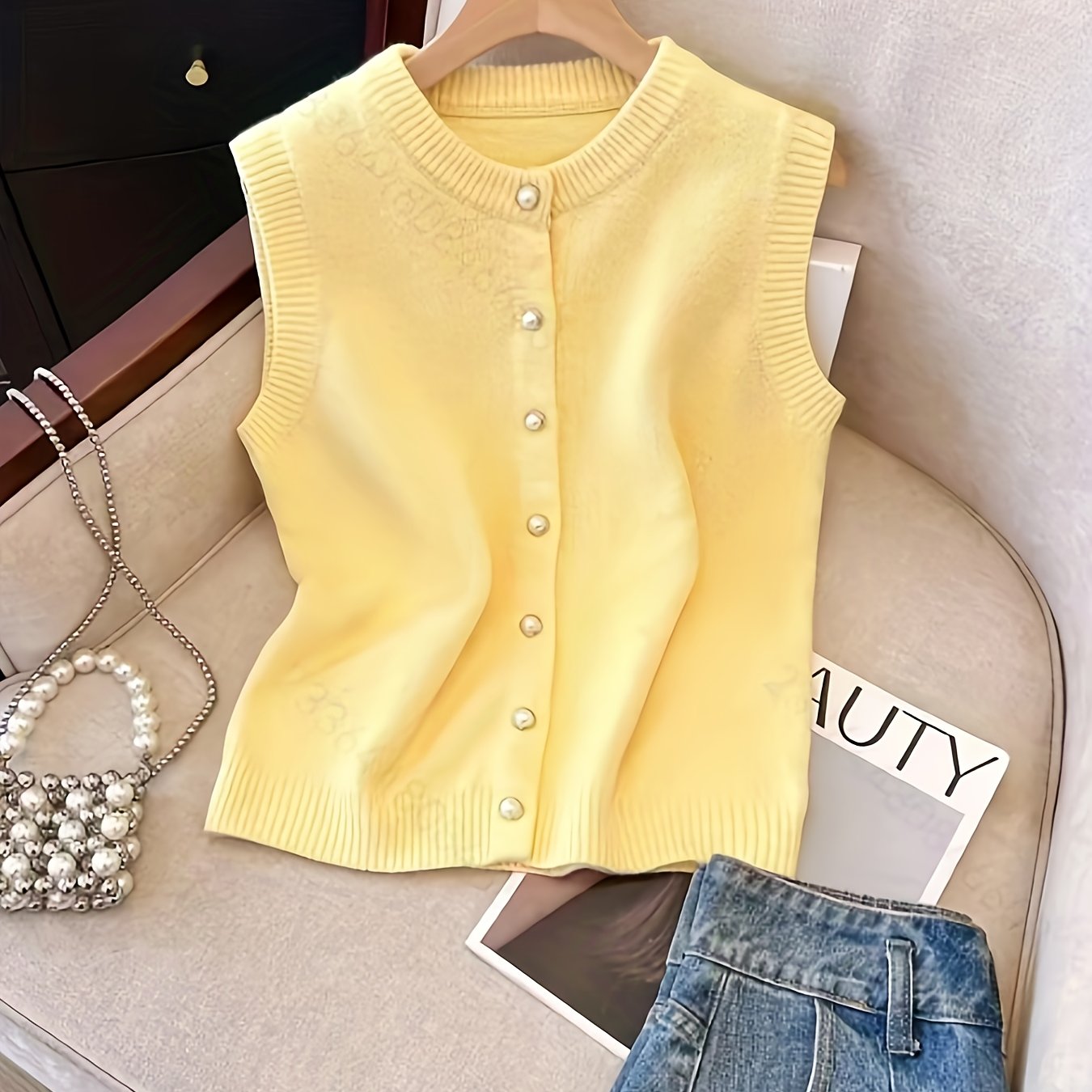 TEMU Korean Style Round Neck Vest Comfortable Layering 2025 Early Autumn Cardigan Single-row Button Top Sleeveless Design Women's Top