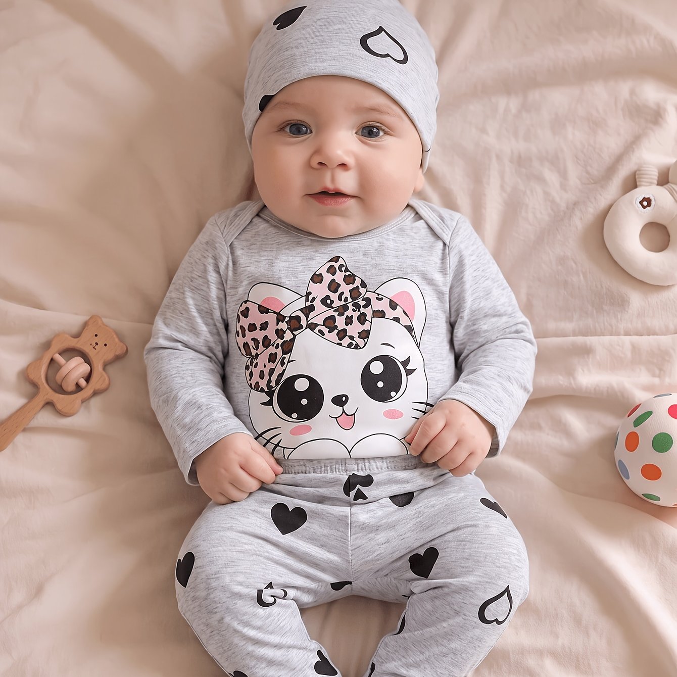 Image of Baby Girl's Cute Cat Pattern Bodysuit + Pants Set + Hat, Infant Crawling Outfit For Spring/autumn Season, Adorable Baby Romper, Perfect For Outdoor
