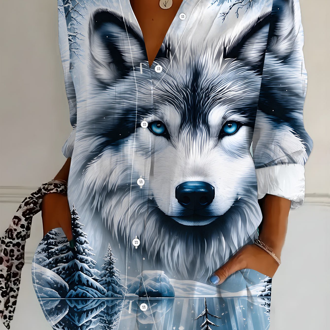 TEMU Plus Size, Plus Size Women's Long Sleeve Shirt, Wolf Themed Print, Loose Fit Oversized Printed Casual Shirt, Style