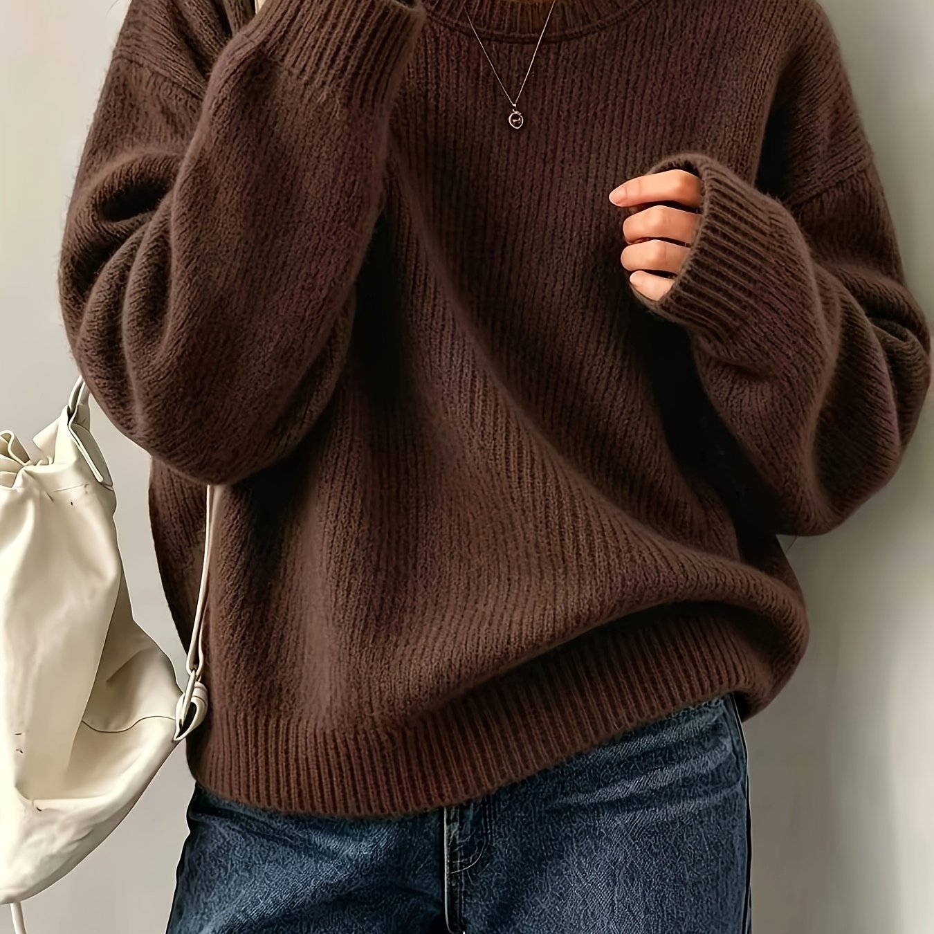 TEMU Plus Size, Women's Plus Size Oversized Sweater - Soft Warm Loose Fit Crewneck Pullover, Solid Color Long Sleeve Sweater Suitable For Autumn