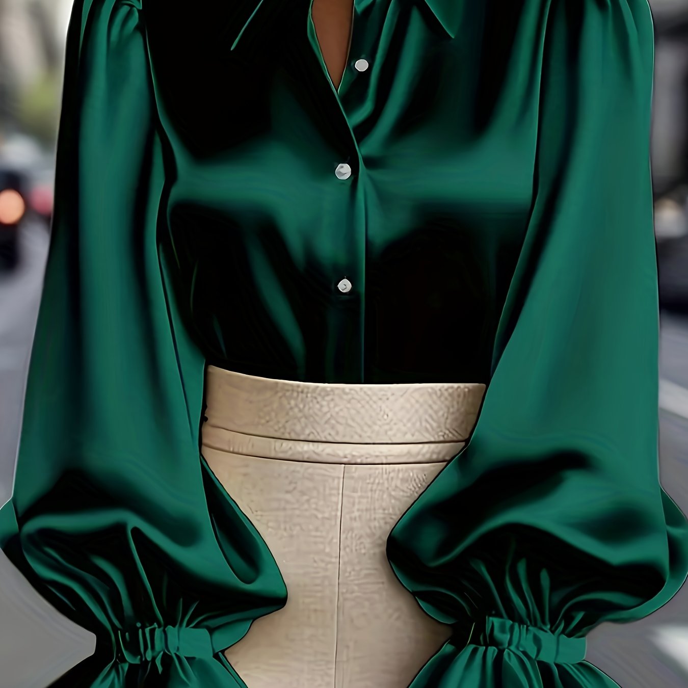 TEMU Women's Elegant Satin Top With Puffed Lantern Sleeves - Classic Collar Button-up Shirt