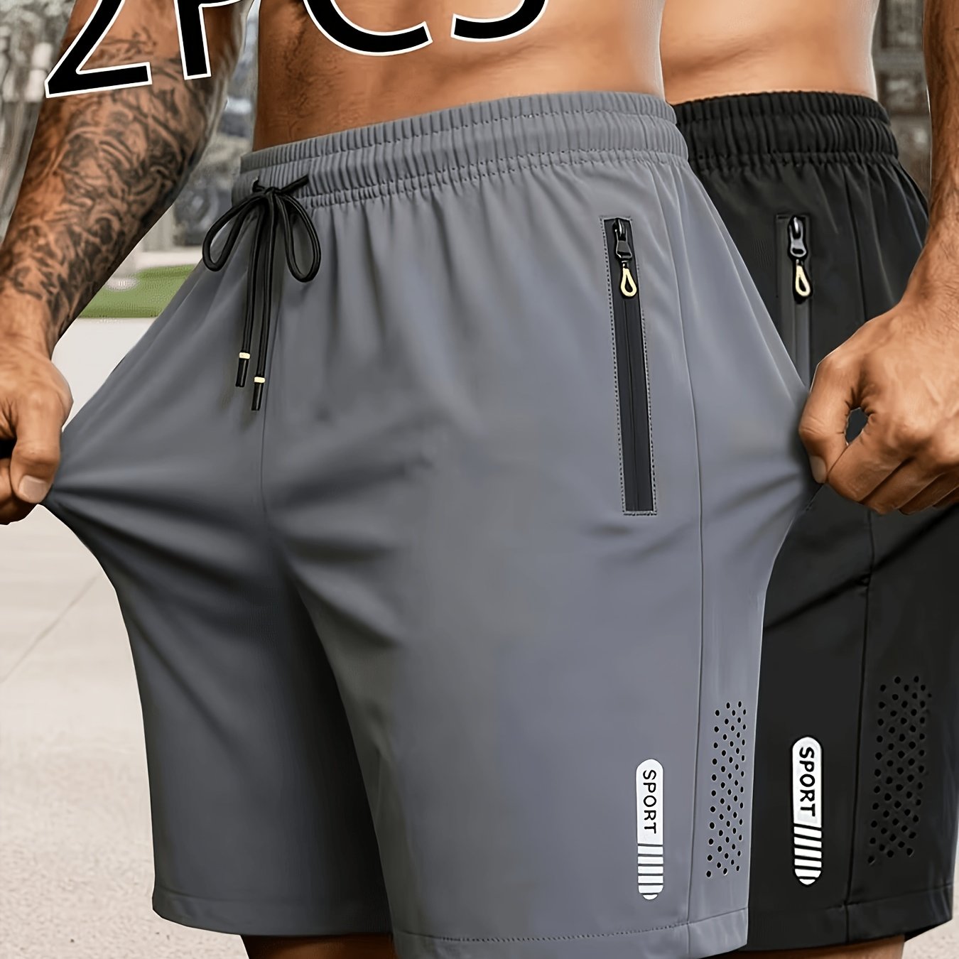 Image of 2pcs Set - Men's Sports Quick-drying Fitness Shorts, Zipper Anti-theft Pocket + Breathable Holes For Heat Dissipation, For And Daily Leisure