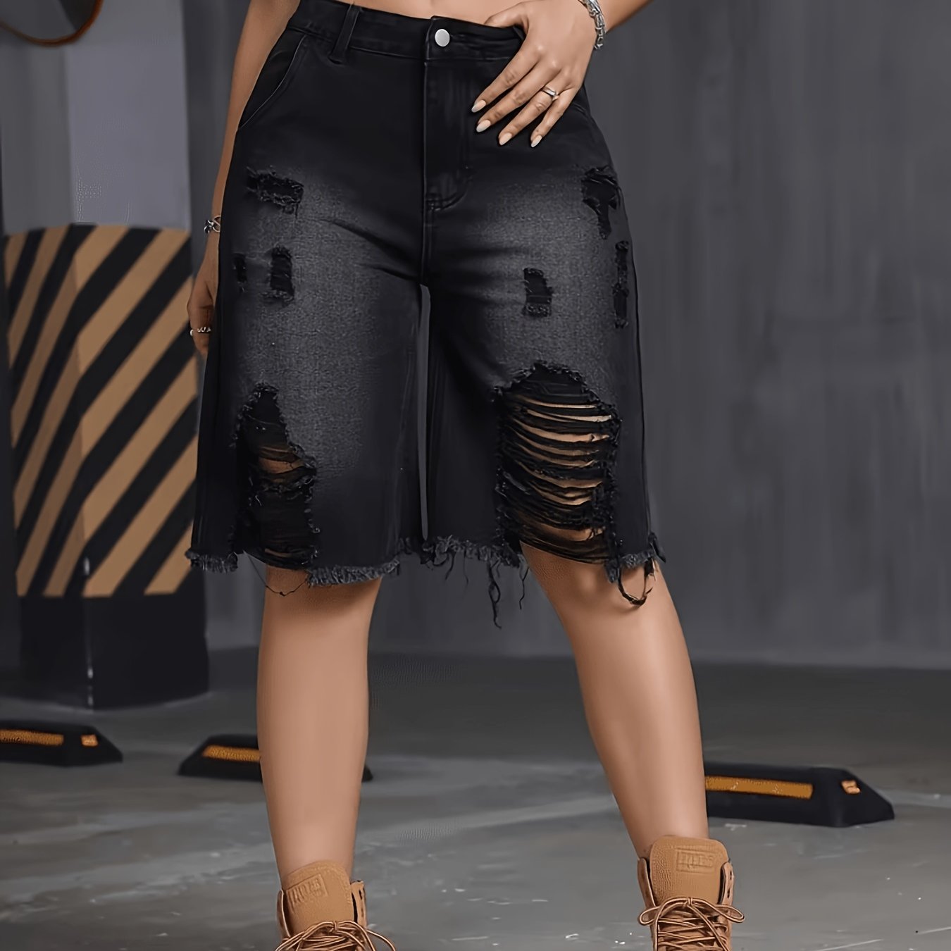 Image of Women's -washed Distressed Wide-leg Denim Shorts - Retro Oversized Mid-length Bell-bottom Short Pants, Smoke Gray Suitable For Parties, Dates, Vacations & Travel, Machine Washable Non-stretch Denim