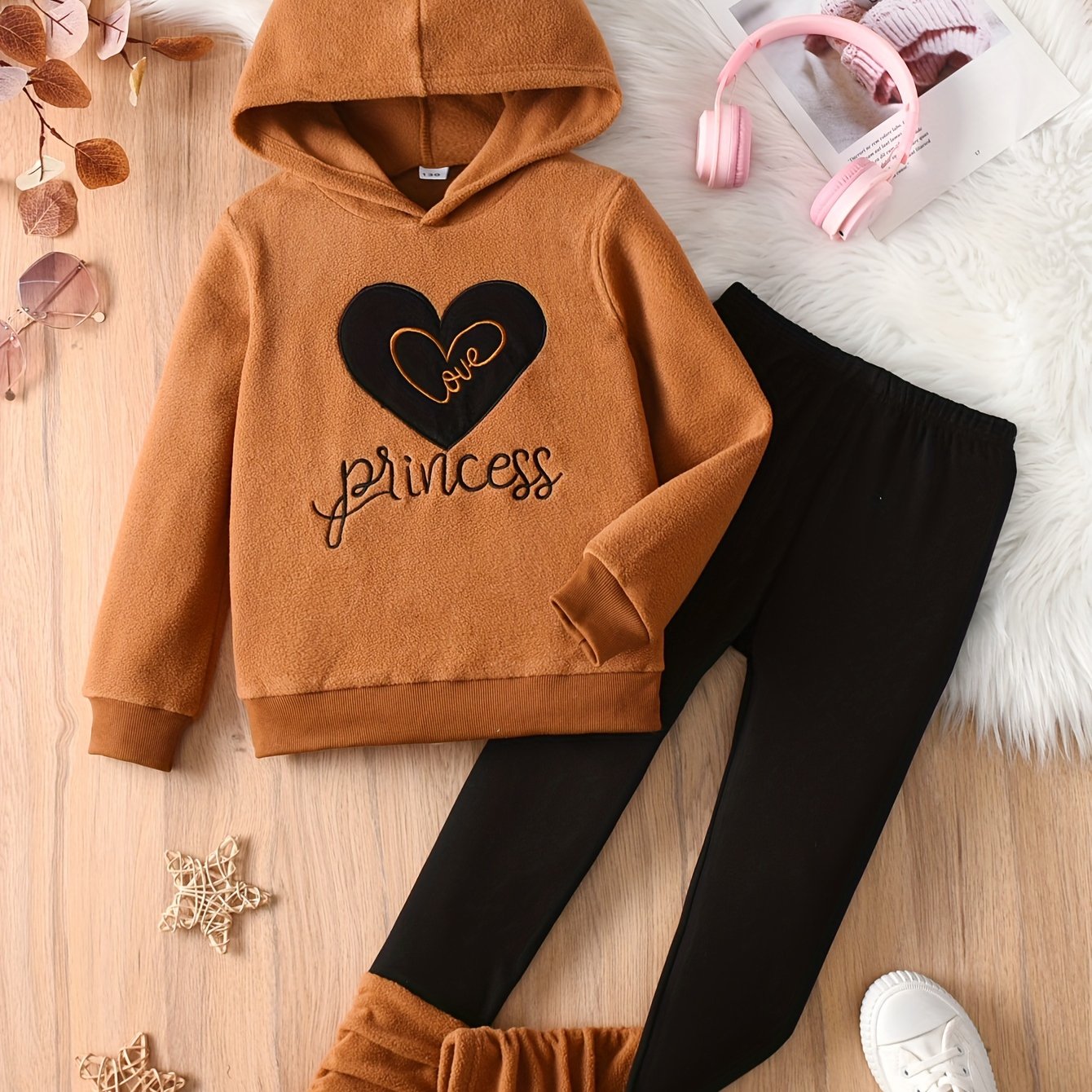 Image of Girls' Hoodie + Pants Autumn And Winter Set With "princess" Heart Embroidery Design Autumn And Winter New 2pcs Set, For Outdoor, Christmas, Halloween