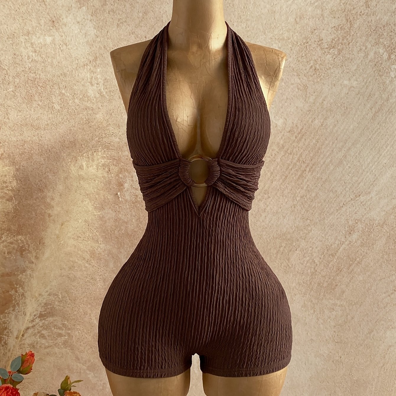 TEMU Women's Elegant Halter Deep V-neck Circle Decoration Slim-fitting Jumpsuit