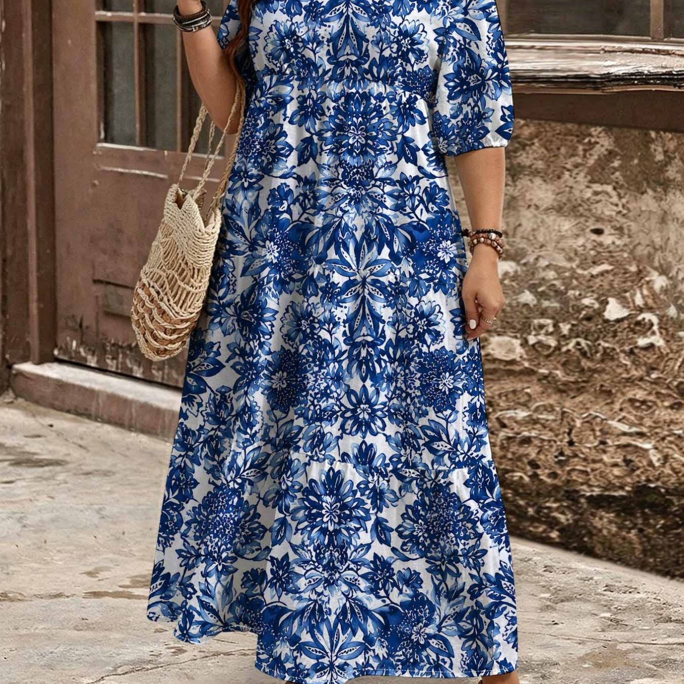 Image of Plus Size, Summer Plus Size Blue Floral Printed Bubble Shortsleeved Maxi Dress. Layered Cake . Vintage Elegant Bohemian Chic Vacation Resort Dress For Beach Party.
