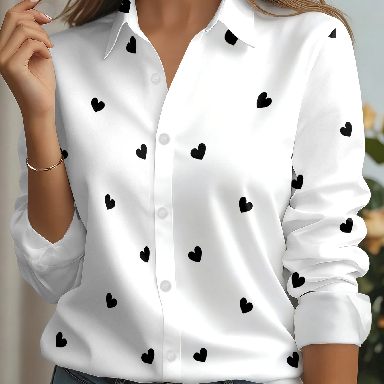 TEMU Casual Fashion Women's Outdoor Long-sleeved Cardigan Shirt With Many Small Black Hearts On Background - Lapel Print Design Shirt