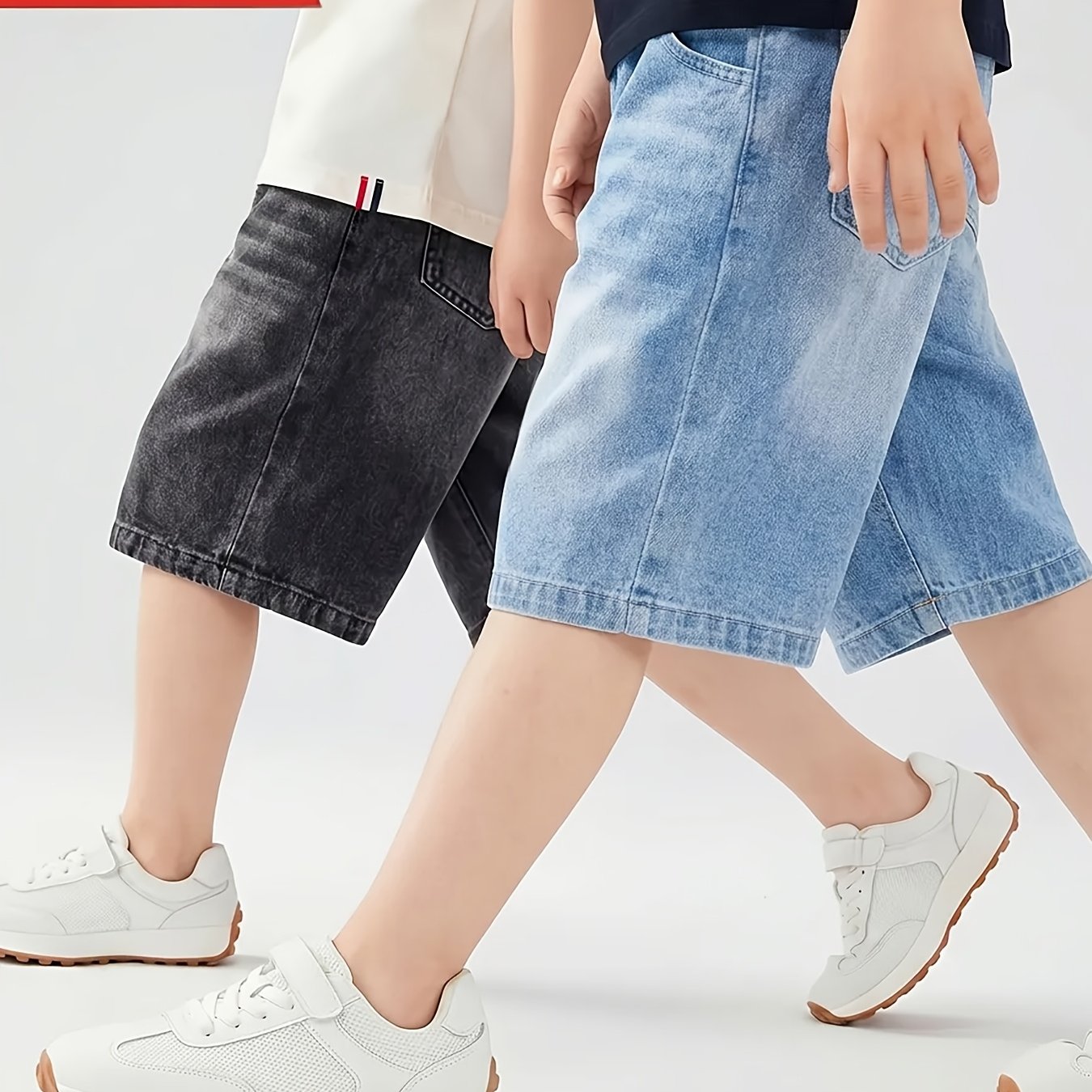 [2pcss Short Shorts Set] 2pcss Denim Shorts, Boys' Shorts, Elastic Waist, , Boys' Pants, Boys' Comfortable Loose Trendy Denim Jeans, Street Casual Hip-hop Pants, Casual Shorts For Daily Wear