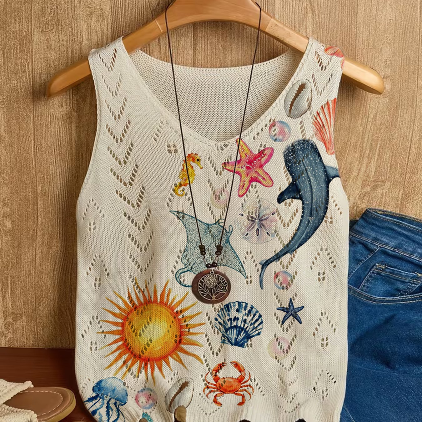 TEMU Women's Spring/summer Sleeveless Tank Top With Ocean-themed Print, Early Spring Hollow-out Versatile Regular V-neck Inner Tank Top, Summer Soft,