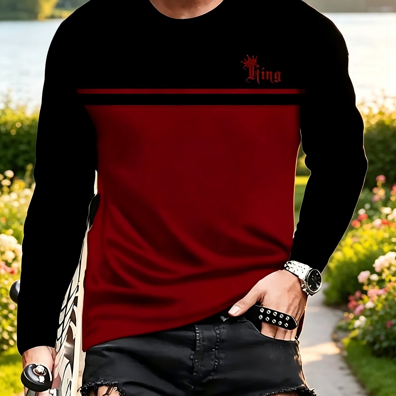 TEMU New Style, Men's Long Sleeve Print T-shirt, Casual Daily Wear, Commuting, Leisure Sports, Versatile For Multiple Scenes, Perfect Gift