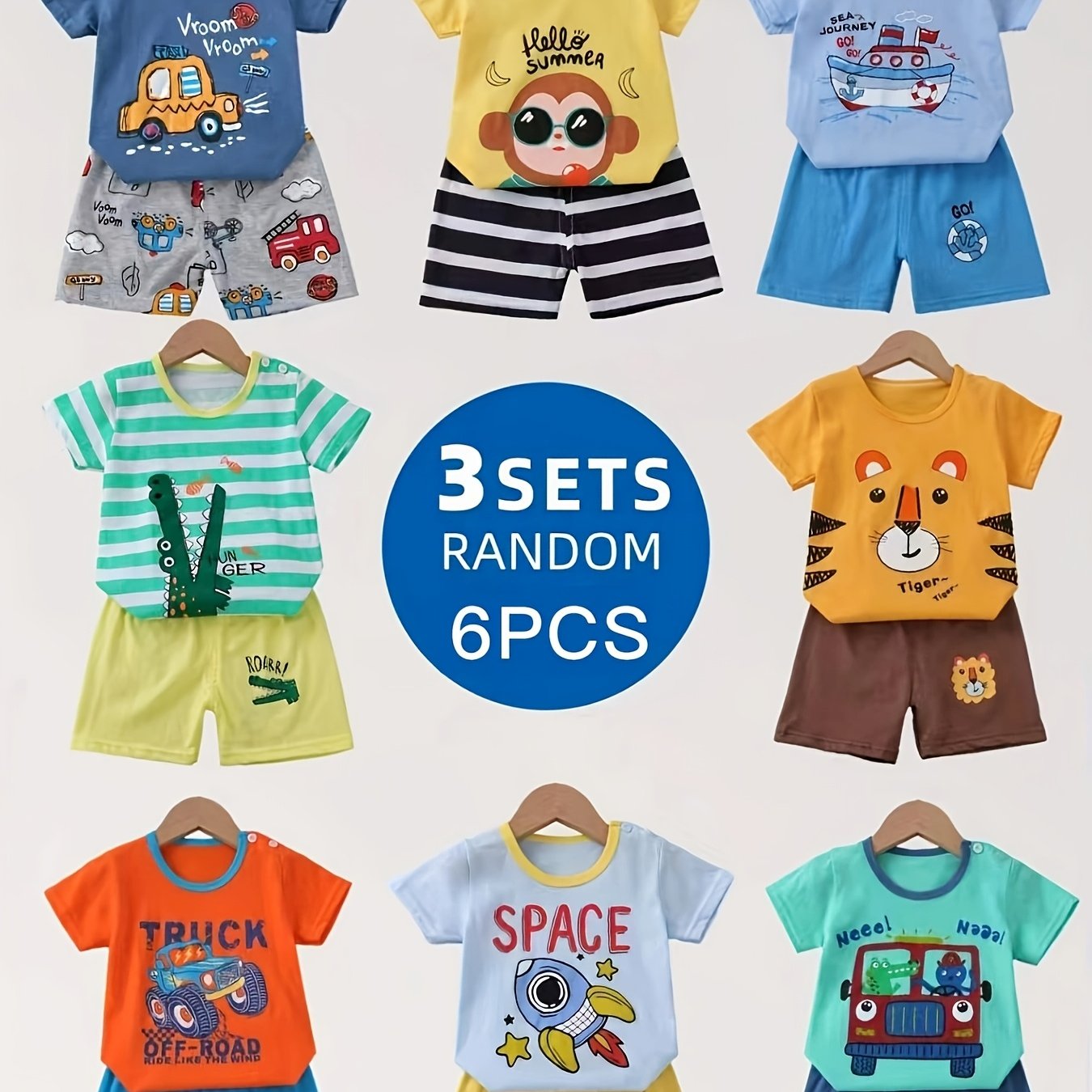 Image of Random 3 Sets, Total 6 Pieces (3 Short-sleeve Tops + 3 Shorts), Cute Casual Pure Cotton Short-sleeve And Shorts Set, Animal And Car Prints, Soft, Comfortable, And Breathable Set, Perfect For Outdoor