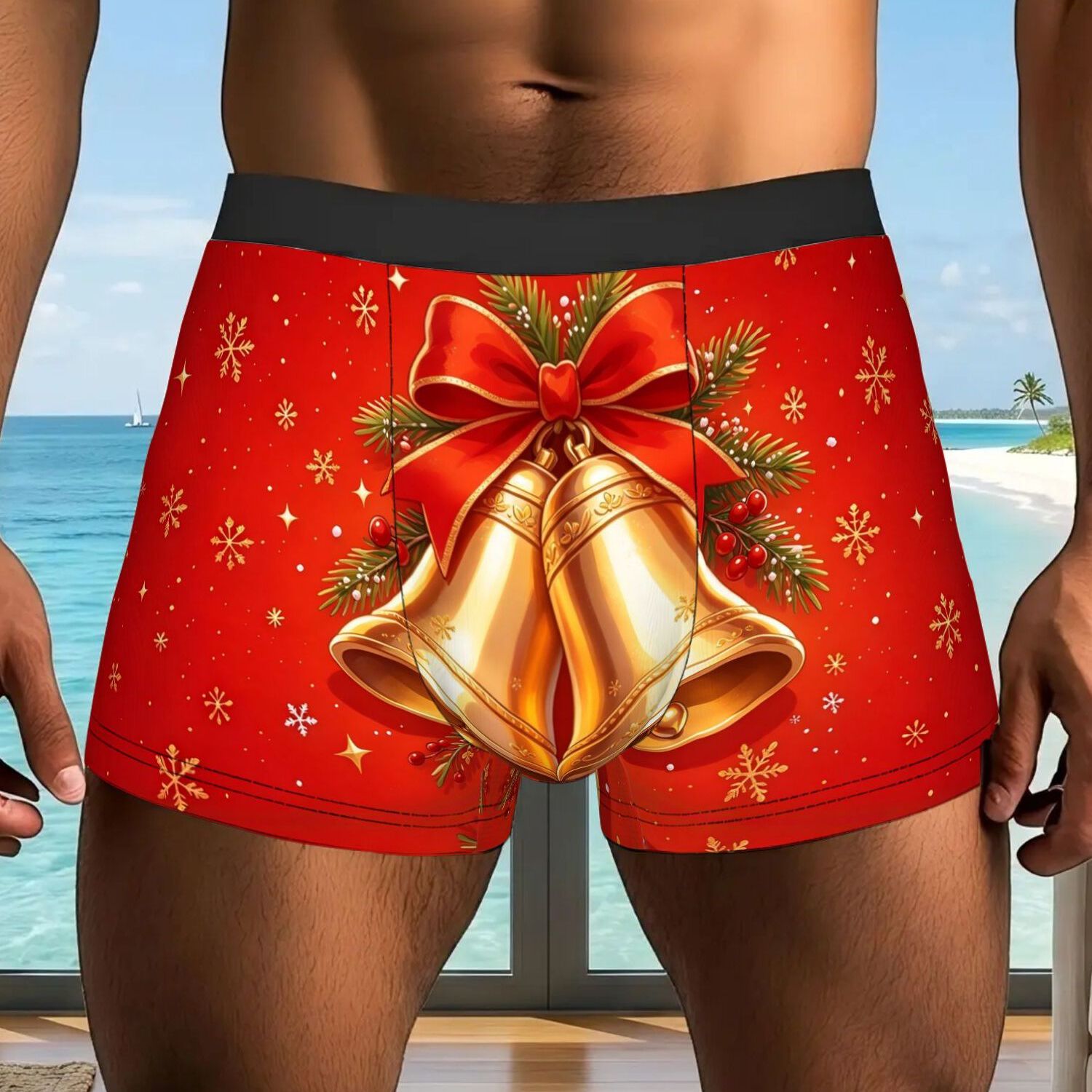 TEMU [printed Design - Not Textured] 1pc Golden Christmas Bells With Red Bow And Pine Underpants 2d Flat Printing Breathable Panties Men's Underwear