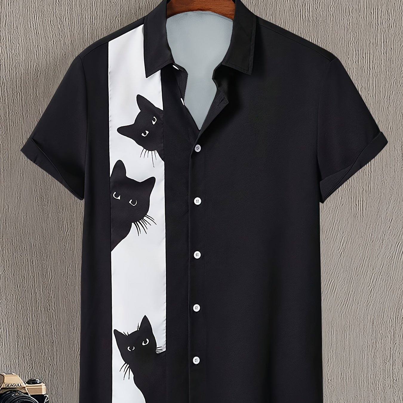 TEMU Men's Casual Shirt With Cat Print, Stylish And Relaxed Top For Summer Outdoor Vacations, Short-sleeved Button-up Shirt