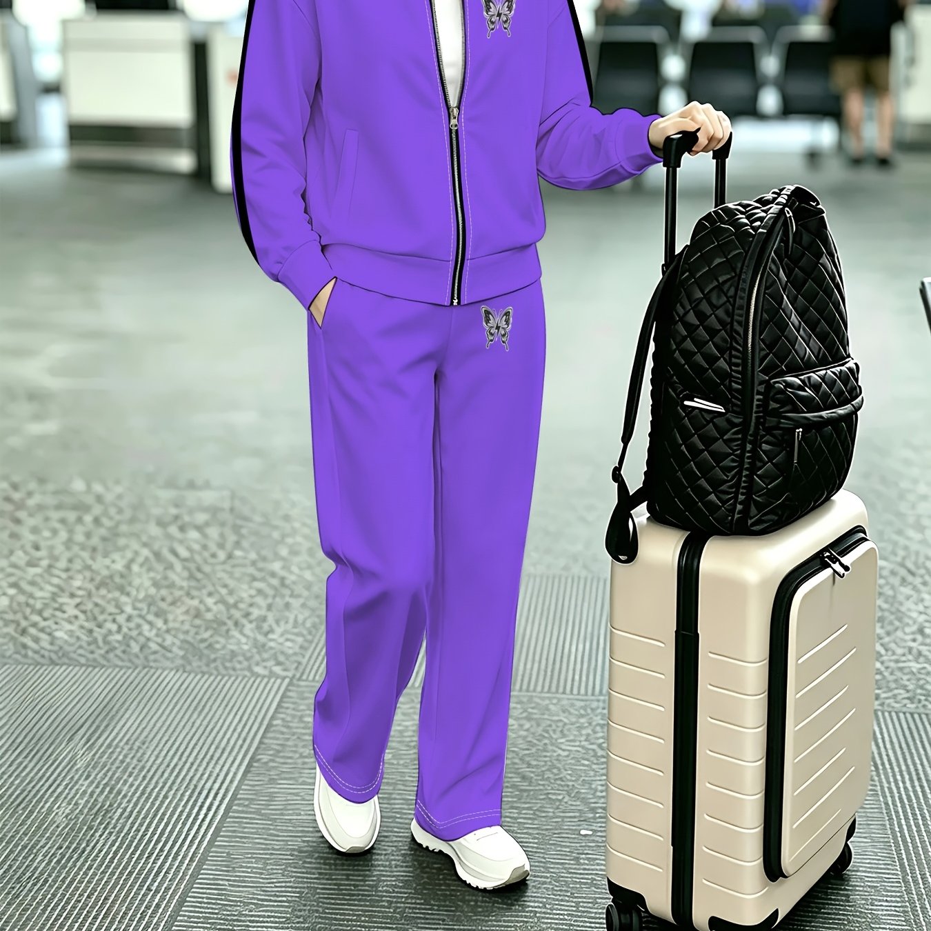 TEMU New European And Women's Fashion Casual Jacket And Trousers Set, Spring/autumn Simple Solid Print Outfit, Simple And Elegant Wear, Trendy,