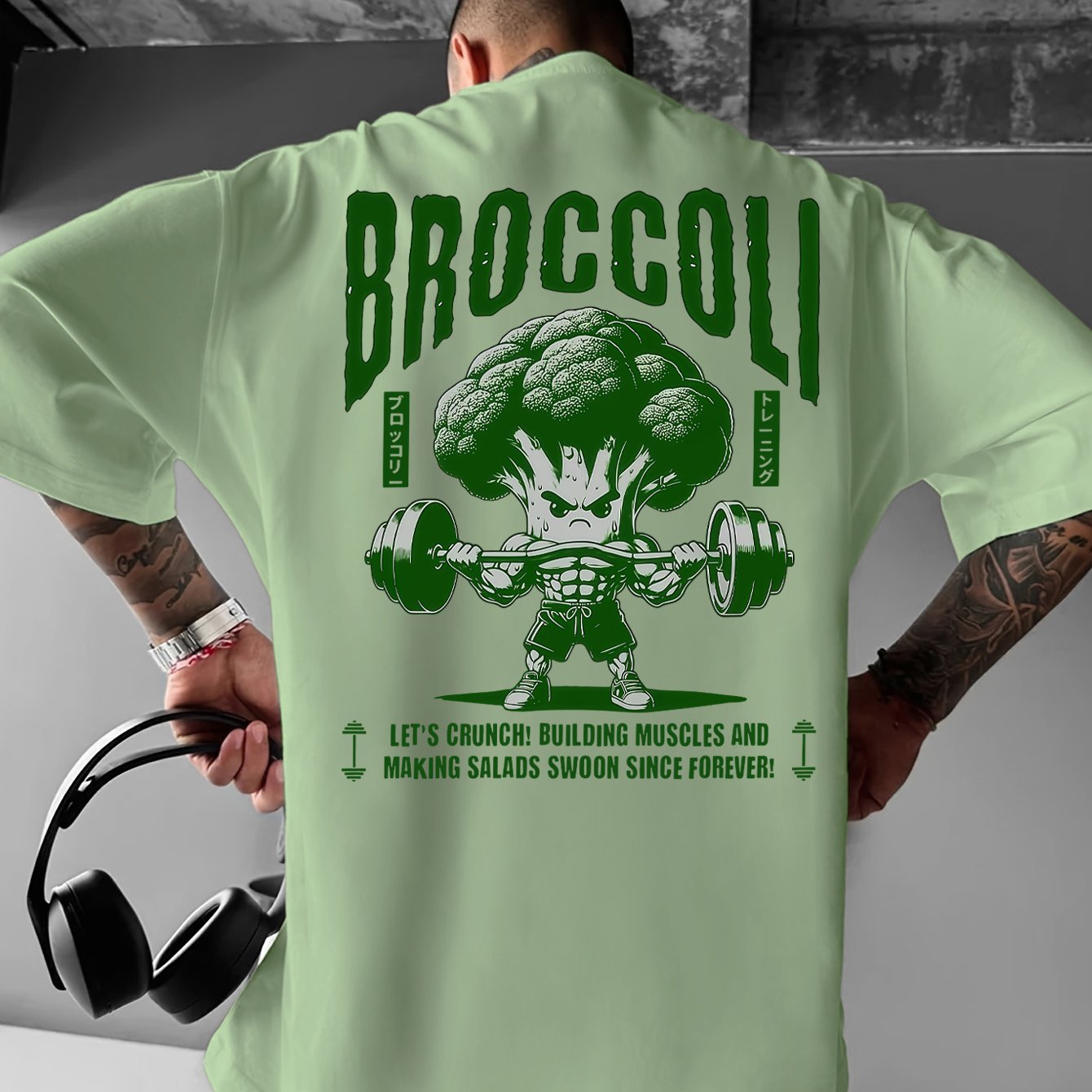 TEMU Men's Broccoli Graphic T-shirt - " Crush Building Muscles And Making Salads " Design, Light Blue, Casual & Loose Fit, Summer, Gym Shirts