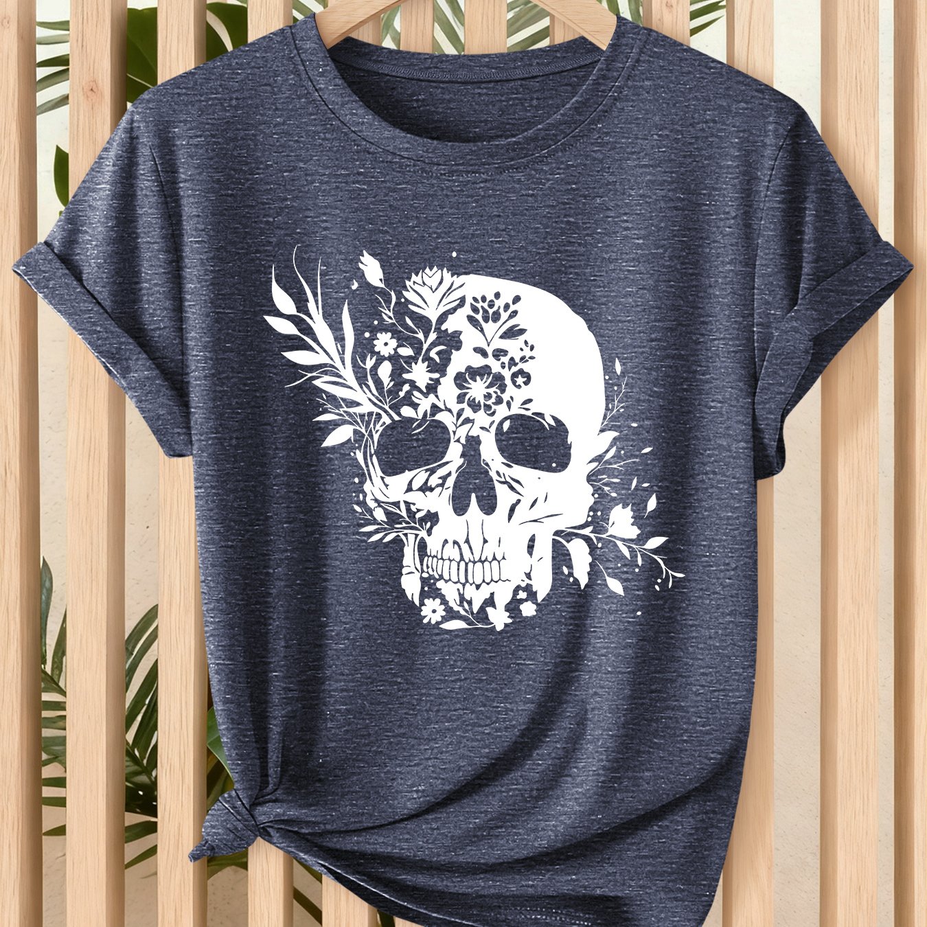 TEMU Women's Gothic Floral Skull T-shirt - Loose Neck Short Sleeve Top With Retro Minimalist Dark Style Suitable For Streetwear, Casual Outfits,
