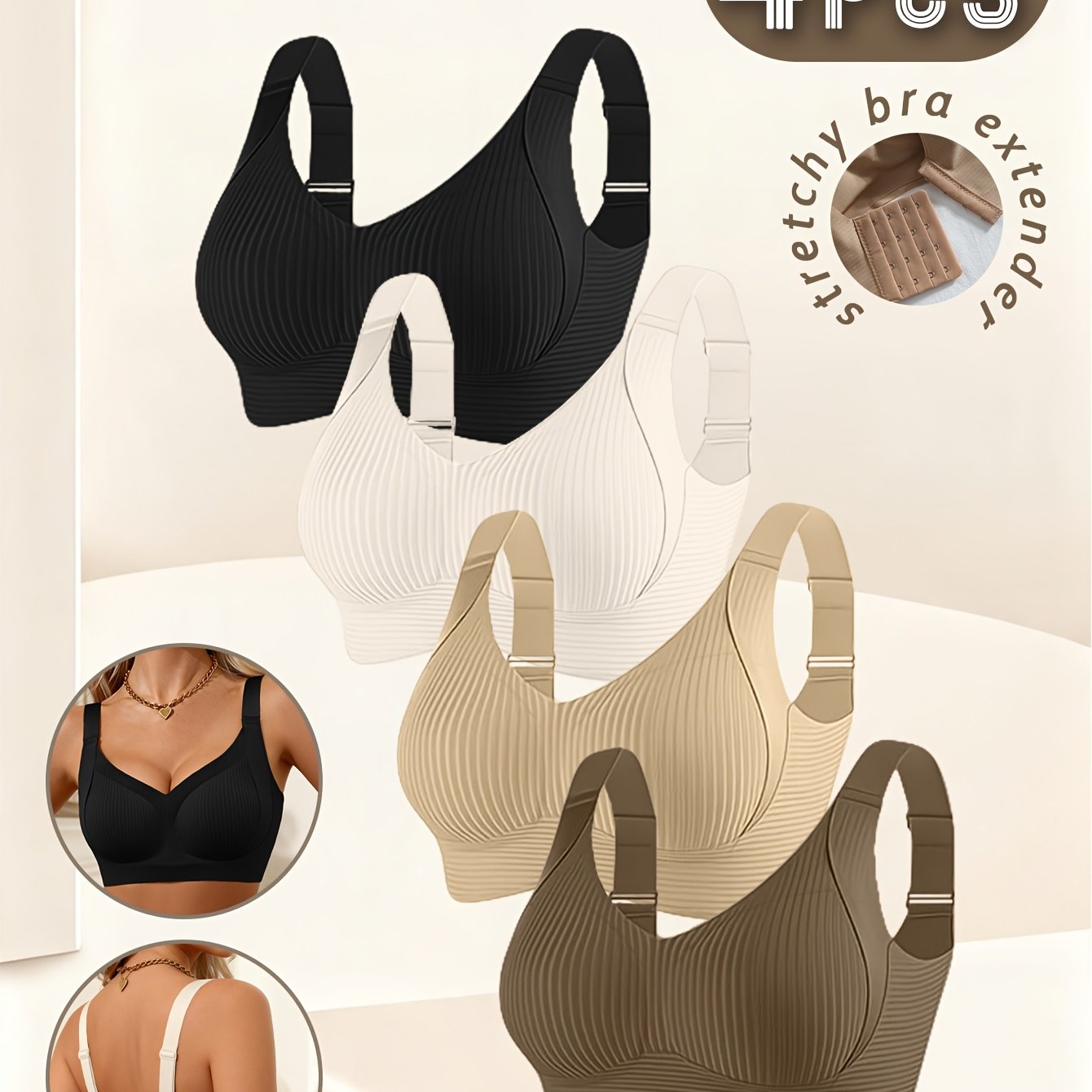 Women's 4pc Wire-Free Bralette Set, Full-Coverage Push-Up