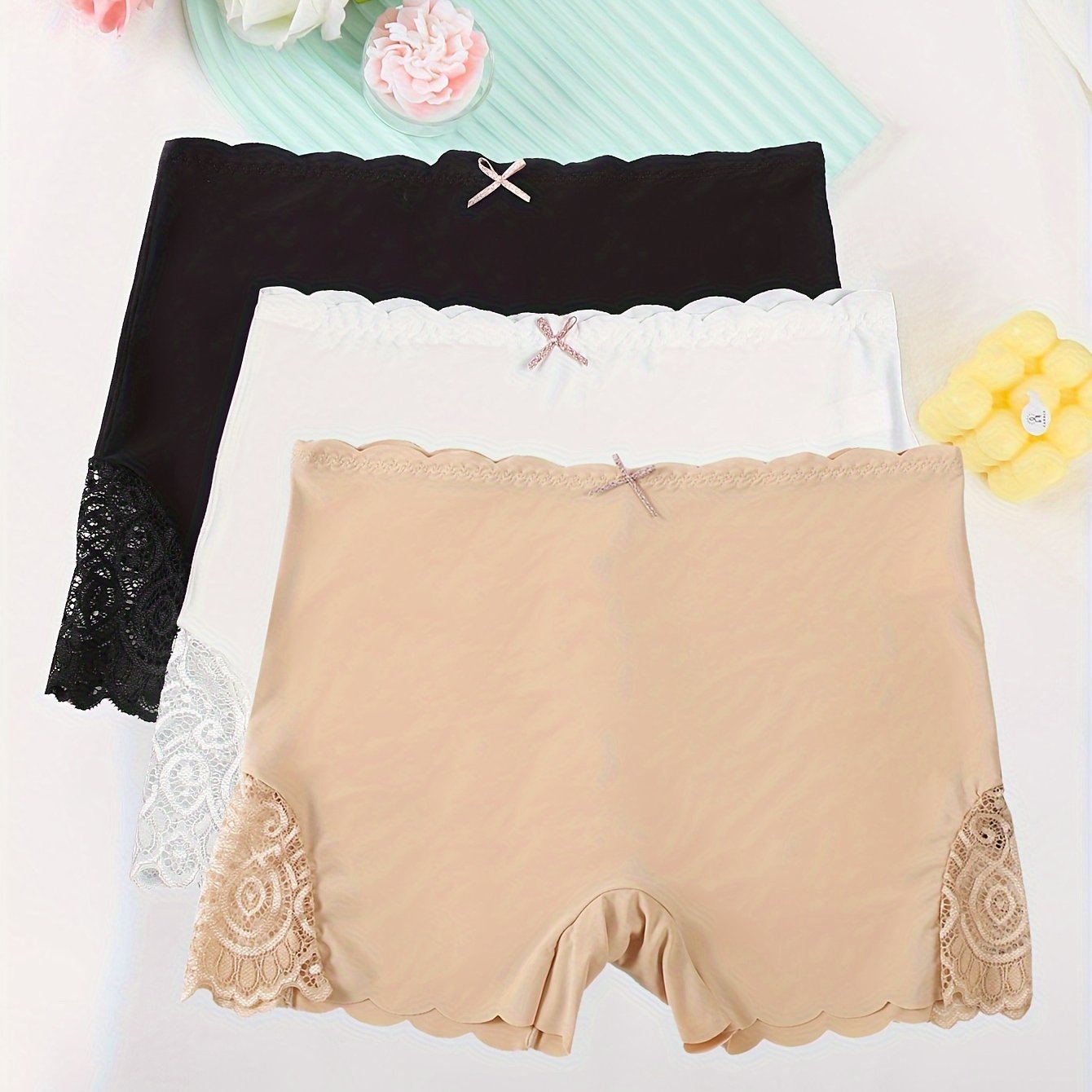 TEMU 3-piece Seamless Lace Waistband High-waisted Soft Nylon Panties With Bow Detail, Women's Briefs