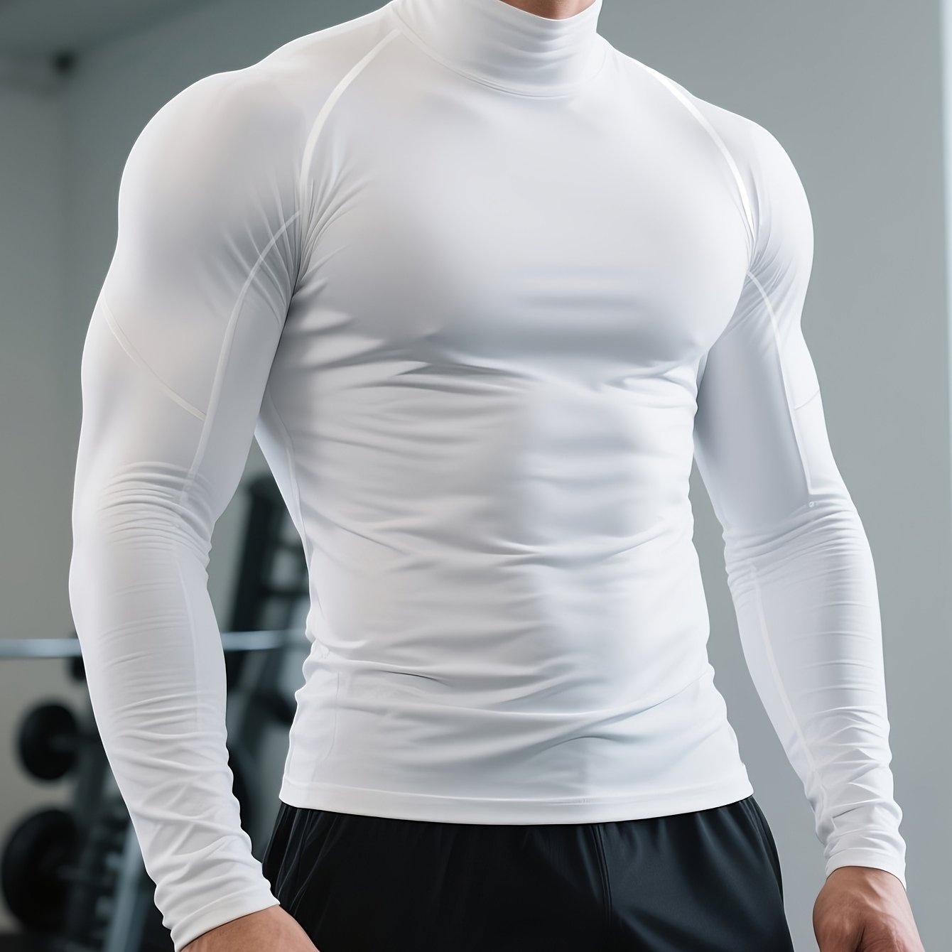 TEMU Men's Quick-dry Stretch Fitness Shirt - High-neck Long Sleeve Athletic Top, Sports Wear Tight Suit, Moisture-wicking Performance Clothing, Gym