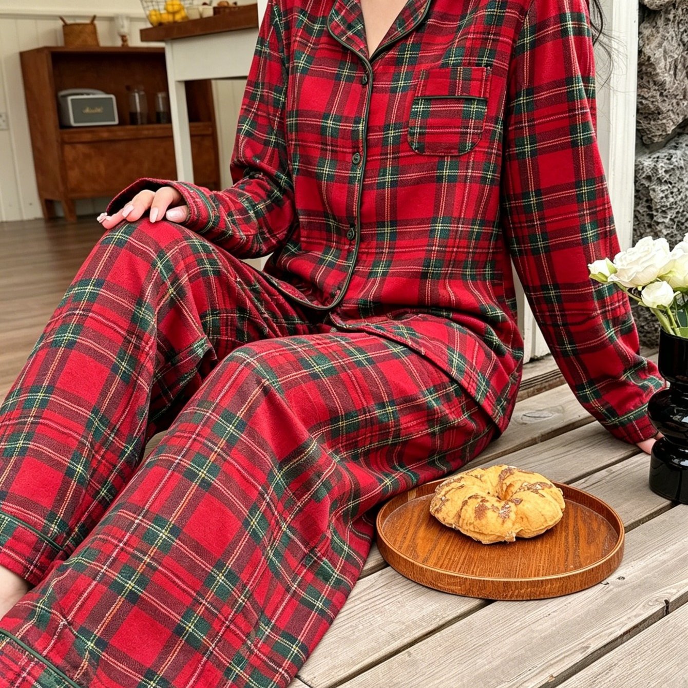 TEMU Winter Plush Pajama Set, Pattern Sleepwear, Women's Casual Lapel Style Set