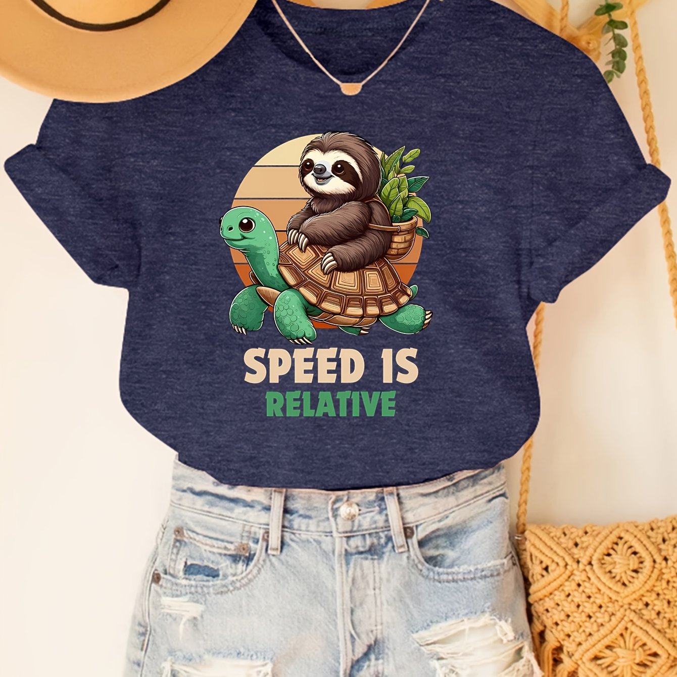 TEMU Women's Casual Graphic T-shirt - Cute Sloth & Turtle Design With 