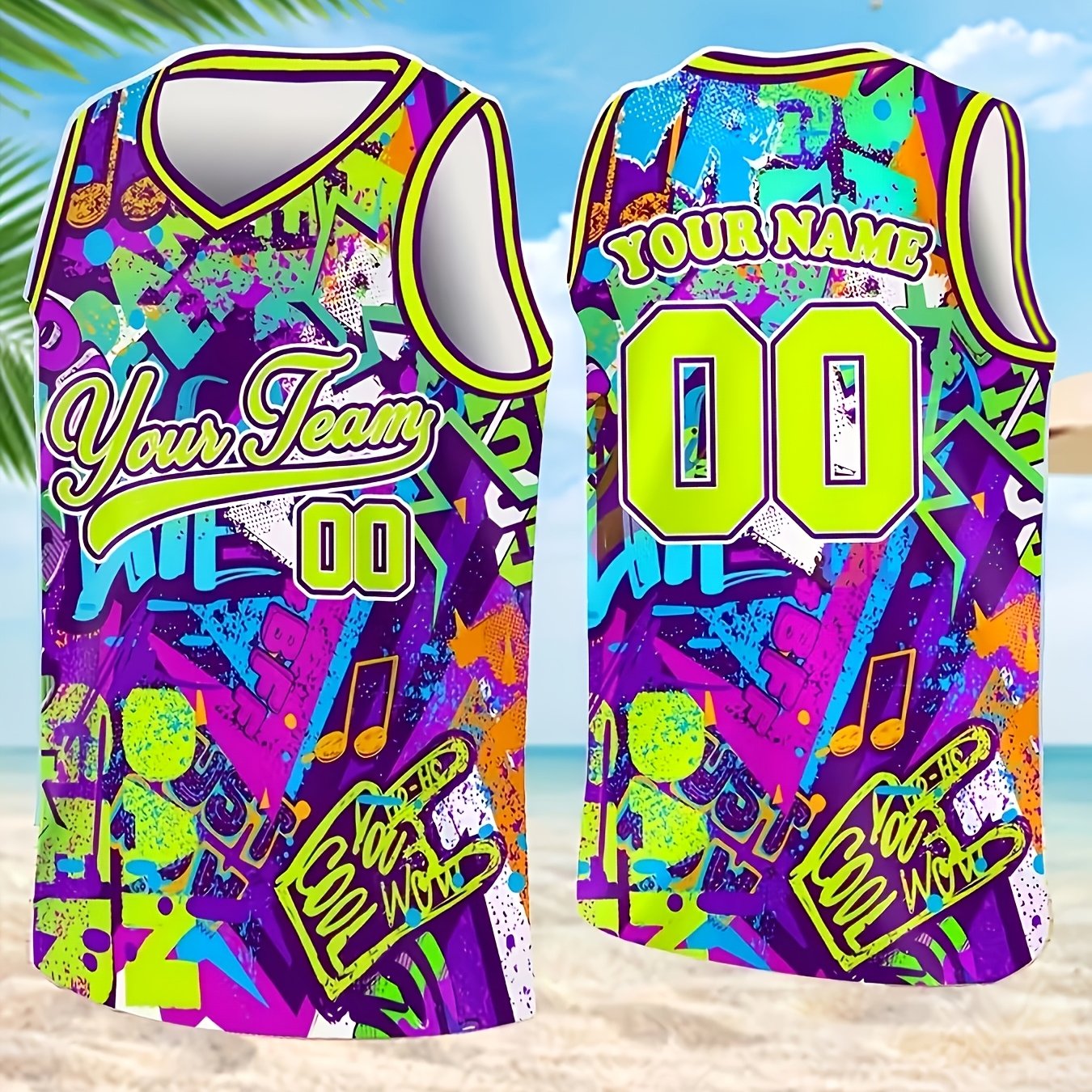 TEMU Custom Hawaiian Style Basketball Jersey - Personalized Team Name And Number Sleeveless Top, Neon Graffiti Print, Breathable Moisture-wicking