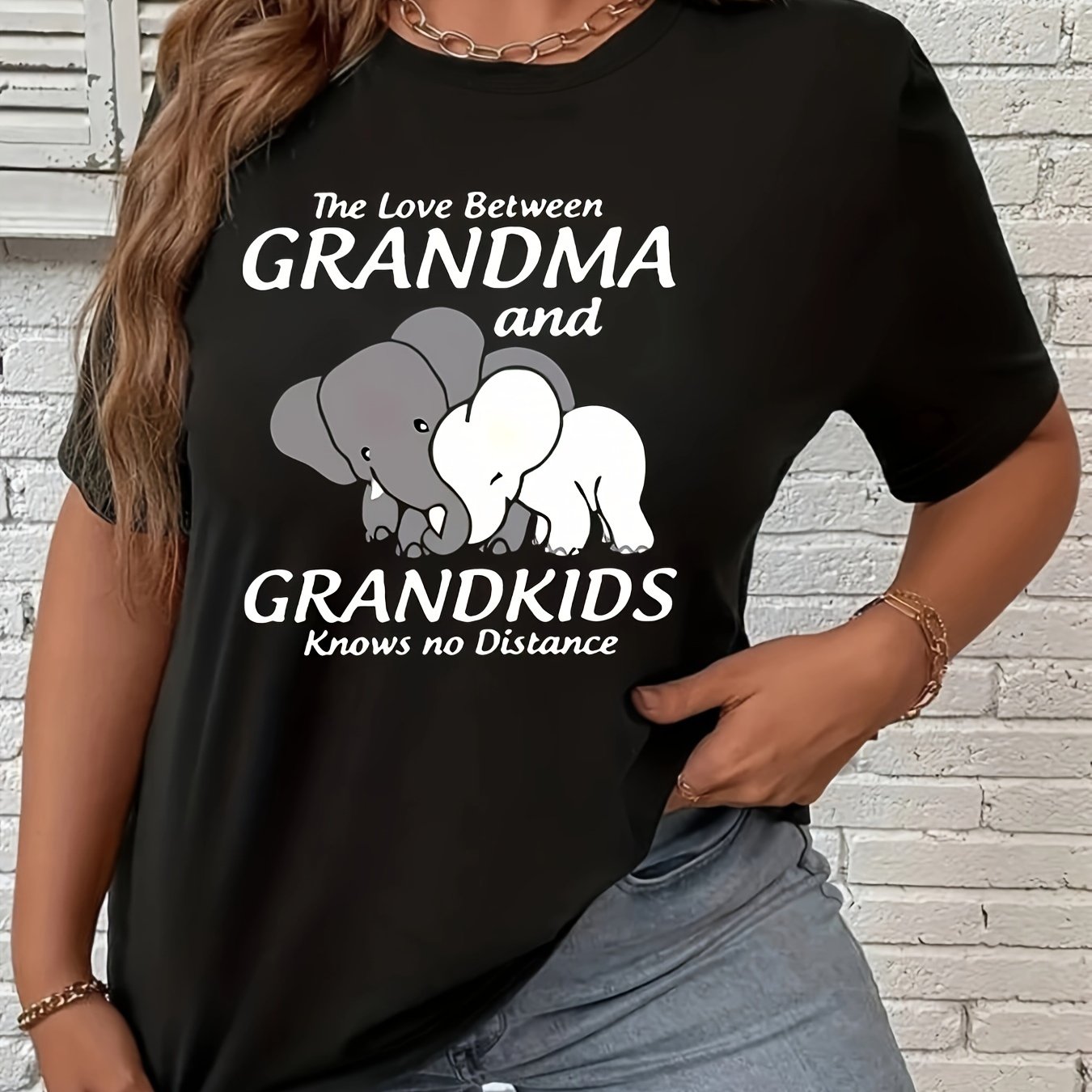 TEMU Plus Size Elephant & Letter Print T-shirt, Casual Short Sleeve Top For , Women's Plus Size Clothing