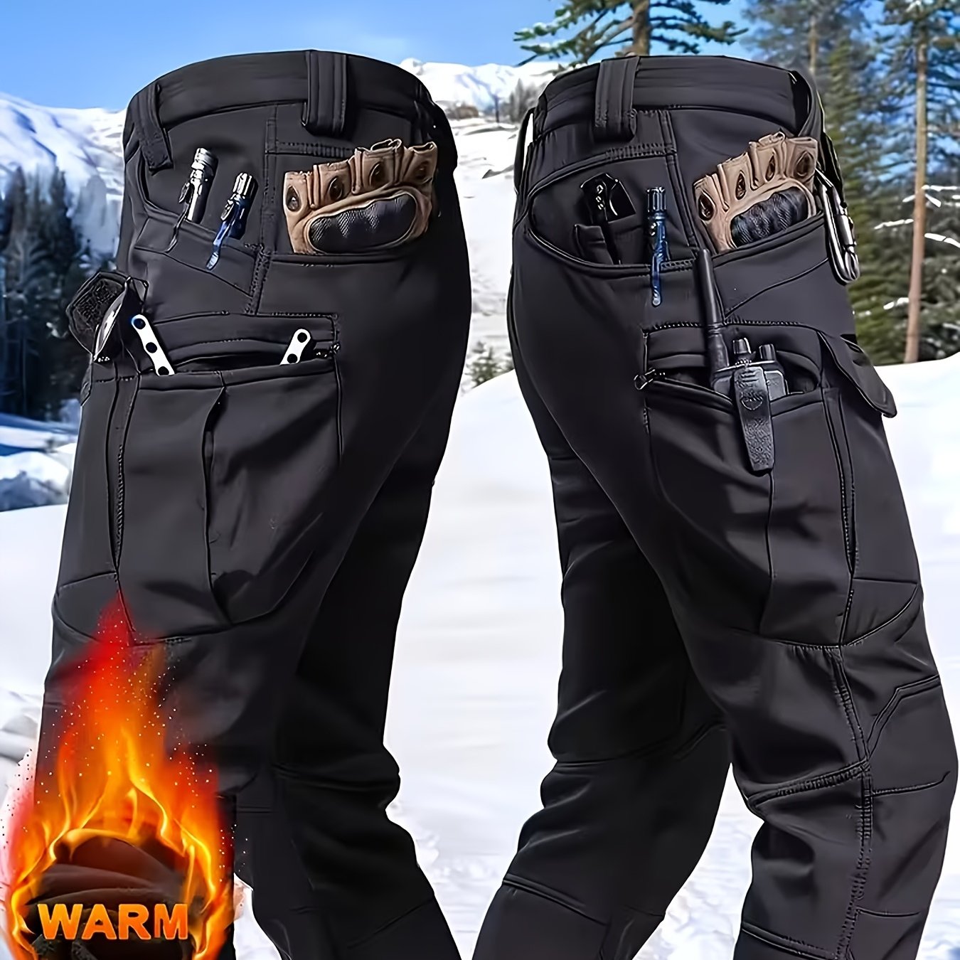 TEMU Men's Fleece Thermal Tactical Pants - Multi-, Windproof, Winter, For Outdoor Activities, Winter Hunting, Camping, And Hiking, Outdoor Workwear |